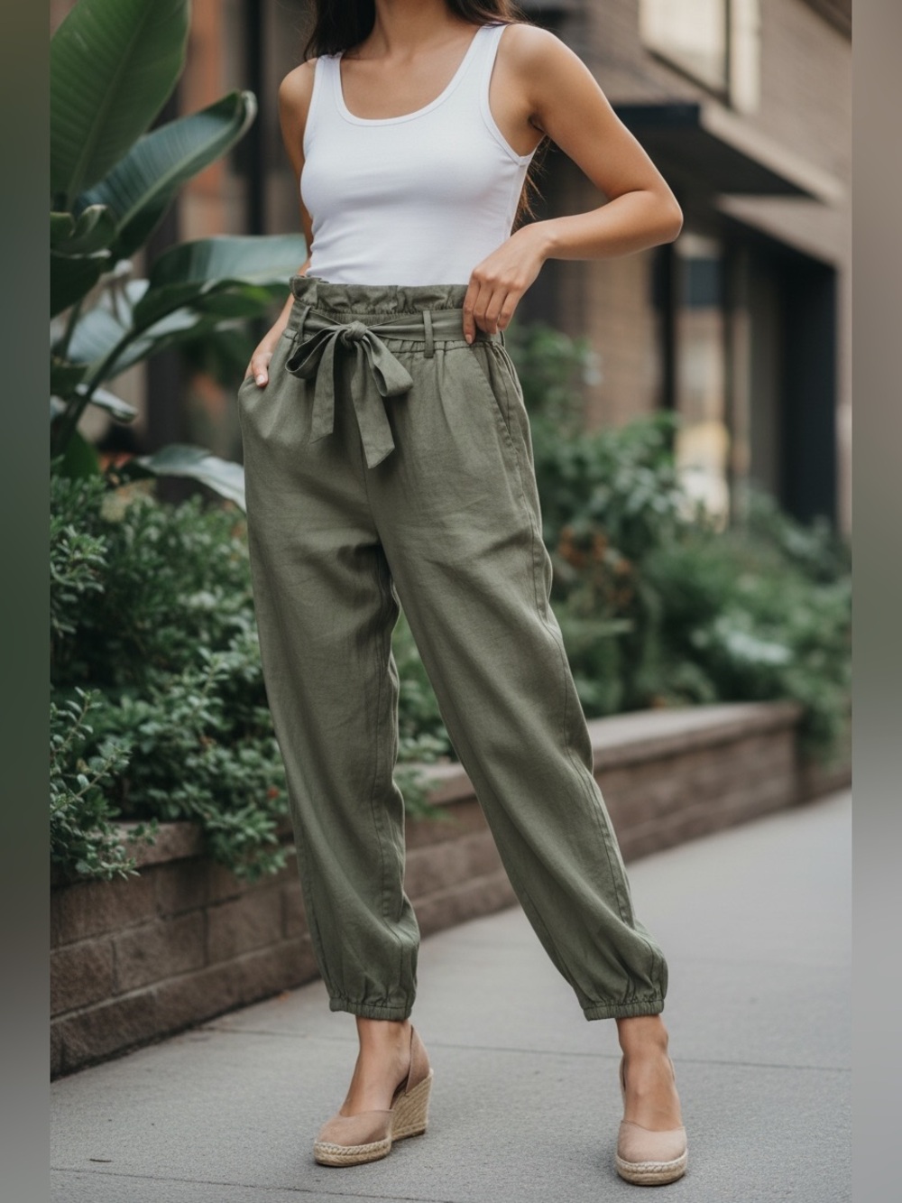 VICI Paperbag Tie Waist Army Green Jogger Pants